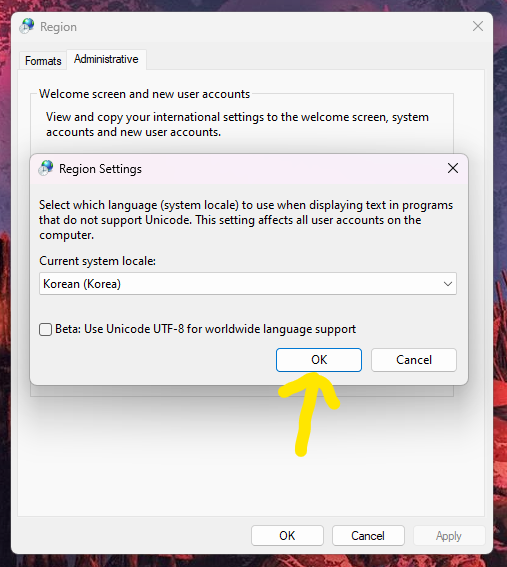 Apply button highlighted after selecting Korean locale